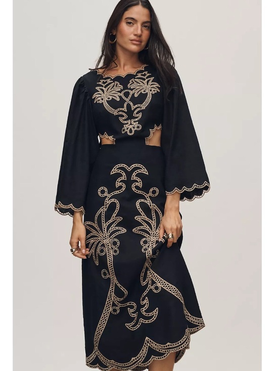 FARM Rio Dresses & Skirts - FARM Rio x Anthropologie Black Cutout Embroidered Palm Midi Dress Size Small NWT